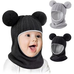 Baby Winter Hat Scarf Set 2 Pack, Toddler Beanie Hats Girl Boy with Neck Warmer, Beanie for Kids Knit Warm for Cold Weather