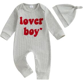 Lesimsam Newborn Infant Baby Boy Valentines Day Outfit Letter Embroidery Long Sleeve Waffle Knit Romper Jumpsuit with Hat