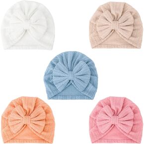DRESHOW BQUBO 5 Pieces Newborn Baby Turban Hats Bow Baby Infant Beanie Breathable Toddler Cap for Baby Girls 3-12 Months