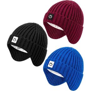 3 Pack Baby Beanie Hats with Earflaps, 2 Size Baby Winter Hat for Infant Toddler Kids, Fleece Lined Knit Hat for Girls Boys