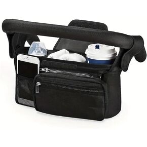 GajetNest Universal Stroller Organizer with Insulated Cup Holder Detachable Phone Bag and Carry Strap Fits Uppababy, Baby Jogger, Britax, BOB, Umbrella and Pet Stroller and more (Black)