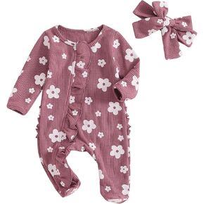 YINGISFITM Baby 3 6 Months Girl Clothes Newborn Onesie Ruffle Long Sleeve Ribbed Romper Jumpsuit One Piece Hospital Outfit
