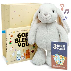 Praise Bunny Easter Gift Set - 11" Musical Plush Toy with 3 Bible Songs, Hardcover Book, Keepsake Box & Stickers - Christening, Baptism Gift for Girls, Boys, Infants, Toddler, Babies - Easter Basket