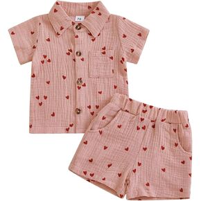 Lesimsam Toddler Baby Boy Valentine's Day Outfit Heart Print Cotton Linen Button Down Short Sleeve Shirts Top and Shorts Set