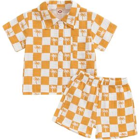 Mandizy Toddler Baby Boy Summer Clothes Checkered Palm Tree Print Shirt Tops and Shorts Set 2Pcs Cotton Linen Outfit