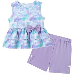 YUEMION Toddler Girl Clothes, 2Pcs Baby Girl Summer Outfits Sleeveless Bow Knot Tank Shirts Tops + Shorts Clothing Sets 1-5T