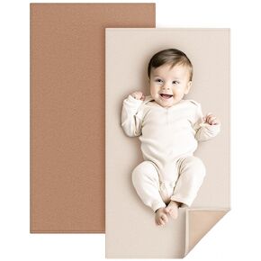 Konssy Faux Leather Baby Changing Mat 2 Pack, Waterproof, Wipeable & Portable Diaper Changing Pad for Travel or Home, Foldable Mat Fits Perfectly in Diaper Bag, 30 x 17 inches (Brown,Beige)