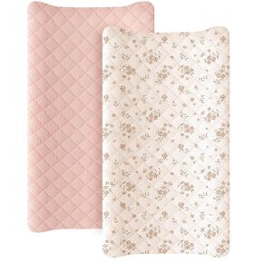 Konssy Waterproof Muslin Changing Pad Cover 2 Pack, Quilted Cotton Fitted Diaper Chang Table Cover, Soft Changing Pad Sheets for Girls Boys (Blossom,Pink)