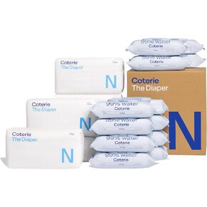 Coterie Baby Diapers + Wipes Baby Kit, Size NB (186 Count) + 12 Wipe Packs (672 Wipes) Made with Plant Derived Fibers, Hypoallergenic, Designed for Sensitive Skin, Clean Ingredients