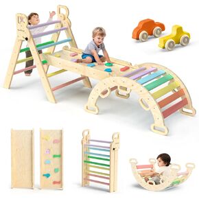 BlueWood Pikler Triangle Set 7in1 Foldable Baby Climbing Wooden Toys with Arch&Ramp&Ladder Climber Indoor Jungle Gyms for Toddlers - Rainbow