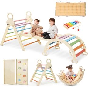 Pikler Triangle Set for kids, 8 in 1 Colorful Montessori Large Climbing Toys for Toddlers 1-6 Inside with Ramp, Arch and Foldable Climbing Triangle, Climbing Toys, Wooden Child Indoor Playground