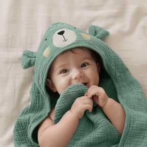 Blissful Diary Muslin Baby Hooded Towel, Soft and Absorbent Bath Towel for Newborn, Infant, Toddler, Unisex, 32″x32″ - Roguish Dino