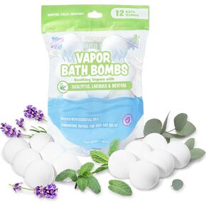 Tub Works® Vapor Bath Bombs للأطفال الصغار والأطفال ، 12 حزمة | الزيوت الأساسية الطبيعية للعلاج العطري | تهدئة قنبلة حمام الأوكالبتوس مع اللافندر والعينهول من أجل الإغاثة الباردة والأنفلونزا والازدحام