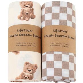 LifeTree Muslin Swaddle Blankets Neutral, Baby Swaddling Wrap Nursery Blanket for Boys & Girls Unisex, Soft 70% Viscose from Bamboo and 30% Cotton, Large 47 x 47 inches, Bear & Checkered Coffee