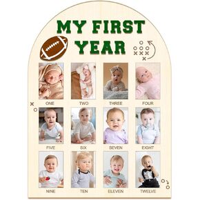 My First Year Photo Board - Baby's First Year Photo Frame 12 Months Milestone Board Football Photo Display Wood Board 1st Birthday Picture Frame Decorations (Fits 2" x 3" Photo) ﻿