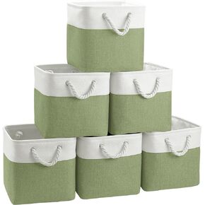 Fabric Cubes Storage Basket, 6 Pack 11x11 in with Handles Foldable Cube Storage Bins, for Shelves, Home, Office, Nursery Organizers (White/ Green)