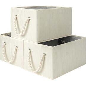 StorageWorks Large Storage Baskets for Organizing, Foldable Storage Baskets for Shelves, Fabric Storage Bins with Handles, Decorative Shelf Baskets, Beige, White & Ivory, 3-Pack
