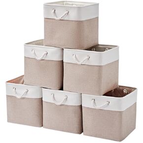 13 x 13 Inch Cube Storage Bins, 4 Pack Large Collapsible Fabric Storage Bin with Ropes, Foldable Storage Cubes for Home, Office,Closet, Clothes, Toys Organizer (White & Beige)