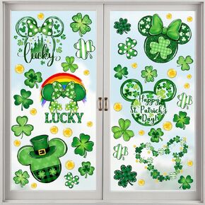 St. Patrick’s Day Window Clings Decorations, 109 Pcs Shamrock Stickers Mouse Shaped, Happy Saint Patricks Day Decor Double-Sided Large Size Watercolor Spring Green Irish Decor for Home Party