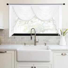 NICETOWN Swag Valance for Living Room Farmhouse Waterfall Valance Kitchen Sheer Curtains Country Beaded Curtains for Nursery Baby Bedroom, 1 Panel, White, W59