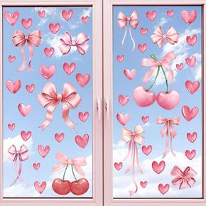 Pink Bow Heart Window Stickers, Red Cherry Hearts Window Clings Pink Bow Wall Stickers for Valentine's Day Wedding Anniversary Home Office Decorations, 6 Sheets