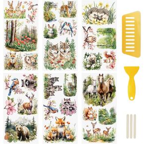 WANDIC 6PCS Spring Animals Rub On Transfer Stickers, Forest and Lake Scenery Decals Fox Rabbit Animals for Furniture Scrapbooking Window, 15 * 30cm