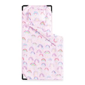 Wake In Cloud - Cot Nap Mat with Pillow and Blanket, for Toddler Kids Boys Girls in Daycare Kindergarten Preschool Pre K with Elastic Corner Straps, Colorful Rainbows, Light Pink