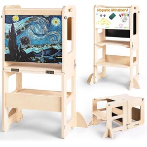 4-in-1 Toddler Kitchen Step Stool, Foldable Learning Standing Tower with Chalkboard and Whiteboard, Wooden Kitchen Stool Helper for Kids, 1-3 Year Old Boy Girl Gifts