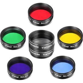Astromania 1.25-Inch Telescope Eyepiece Filter Set(6 Pieces), Variable Grey Polarizing Filter, 5 Planetary Color Filters - Enhance Lunar Planetary Observation - Reduce Light Pollution
