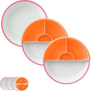 Omie® Easy Scoop Plates for Kids | Unique Design Helps Food Fall into the Spoon, Not on the Table | Made from Plants | 3 Plates + 2 Silicone Dividers | Blue