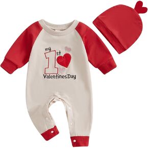 Ledy Champswiin Newborn Baby Boy Girl Heart Romper Jumpsuit My 1st Valentine's Day Clothes with Hat Infant Neutral Outfits