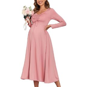 2024 Maternity Tie Front Ruched Nursing Dress A Line Long Sleeve V Neck Swing Pregnancy Maxi Dresses