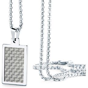 Urban Jewelry Solid Tungsten Carbon Fiber Pendant - Surgical Stainless Steel Silver 22 inch Necklace Chain - Modern Design with Geometric Pattern – 4 Styles and Colors to Choose From