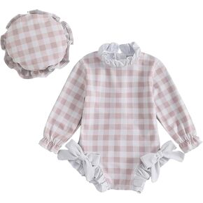Toddler Baby Girl One Piece Swimsuit Checkered Print Long Sleeve One Piece Rash Guard Ruffle Swimsuit with Hat Set