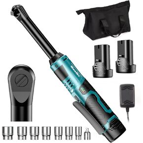 Seesii 3/8" Long Neck Ratchet Wrench, 40Ft-lbs 6" Extended Cordless Ratchet Wrench Kit w/ 2x2.0Ah Batteries & Fast Charge, 220RPM Variable Speed Ratcheting Wrench w/ 7 Sockets, RT400B