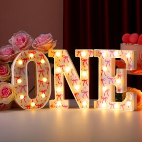 Pink Bow Party First Birthday Decor, LED Light up Litter One, Bow First Birthday Party Tabletop Decor, One Sign for Coquette Party Girls 1 Year Old Birthday Party