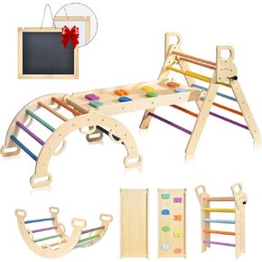 BlueWood Pikler Triangle Set, 7-in-1 Foldable Wooden Toddler Climbing Toys Indoor Playground Jungle Gym Montessori Philosophy Climber for 2-6 Years Old, Baby, Kids (Sky Blue)