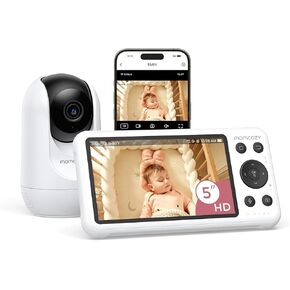 Momcozy Smart WiFi Baby Monitor with Camera and Audio, 5" 1080P Screen with Wall Mount, Motion & Cry Detection, Safe Fence, Clear Night Vision, 5000mAh Battery, 2-Way Talk, Photo & Video Recording