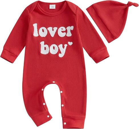 Lesimsam Newborn Infant Baby Boy Valentines Day Outfit Letter Embroidery Long Sleeve Waffle Knit Romper Jumpsuit with Hat in Saudi Arabia