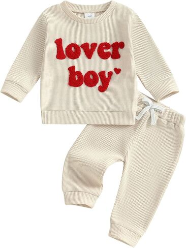 Lesimsam Toddler Baby Baby Valentine Day Outfit Letter Letter Thermproidery Long Sleeve Waffle متماسكة وسروال مجموعة in Kuwait