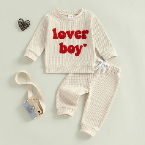 Lesimsam Toddler Baby Baby Valentine Day Outfit Letter Letter Thermproidery Long Sleeve Waffle متماسكة وسروال مجموعة in Kuwait