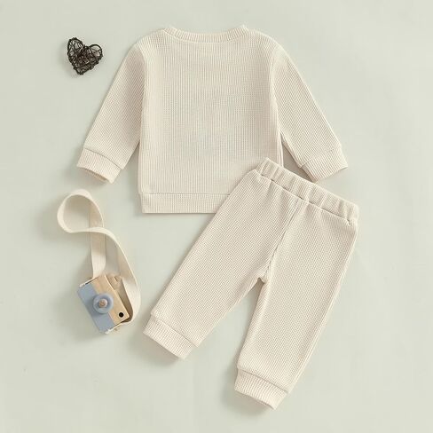 Lesimsam Toddler Baby Baby Valentine Day Outfit Letter Letter Thermproidery Long Sleeve Waffle متماسكة وسروال مجموعة in Kuwait