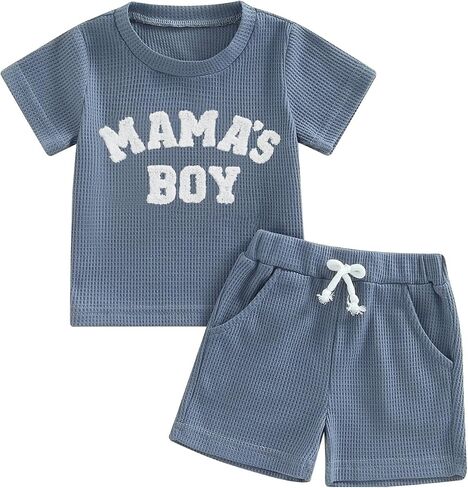 NZNDSHD Summer Baby Boy Clothes Short Sleeve Little Dude Mamas Boy Embroidered T-Shirt Tops Shorts Set Waffle Knit Outfit in Kuwait