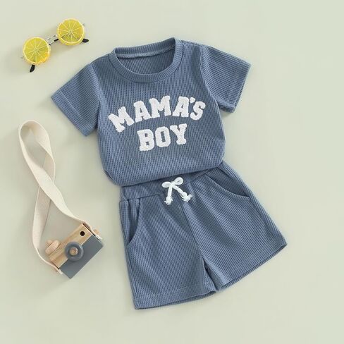 NZNDSHD Summer Baby Boy Clothes Short Sleeve Little Dude Mamas Boy Embroidered T-Shirt Tops Shorts Set Waffle Knit Outfit in Kuwait