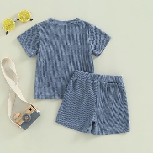 NZNDSHD Summer Baby Boy Clothes Short Sleeve Little Dude Mamas Boy Embroidered T-Shirt Tops Shorts Set Waffle Knit Outfit in Kuwait