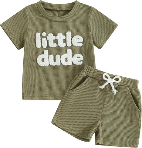 NZNDSHD Summer Baby Boy Clothes Short Sleeve Little Dude Mamas Boy Embroidered T-Shirt Tops Shorts Set Waffle Knit Outfit in Kuwait