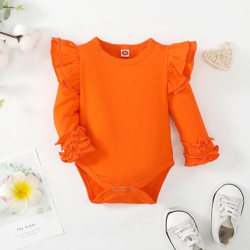Baby Girls Ruffle Long Sleeve Bodysuit Infant Girl One Piece Romper Toddler Girl Solid Color Jumpsuit in Saudi Arabia