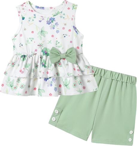 YUEMION Toddler Girl Clothes, 2Pcs Baby Girl Summer Outfits Sleeveless Bow Knot Tank Shirts Tops + Shorts Clothing Sets 1-5T in Kuwait