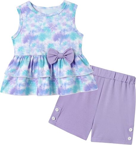 YUEMION Toddler Girl Clothes, 2Pcs Baby Girl Summer Outfits Sleeveless Bow Knot Tank Shirts Tops + Shorts Clothing Sets 1-5T in Kuwait