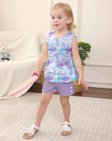 YUEMION Toddler Girl Clothes, 2Pcs Baby Girl Summer Outfits Sleeveless Bow Knot Tank Shirts Tops + Shorts Clothing Sets 1-5T in Kuwait